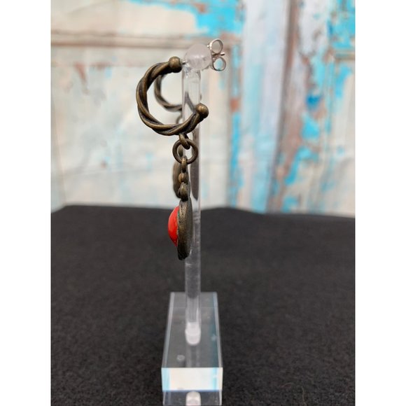 Red Coral Half Hoop, Post Style Earrings (pair)   Red, Metal   Metal, Red Coral - Picture 4 of 6